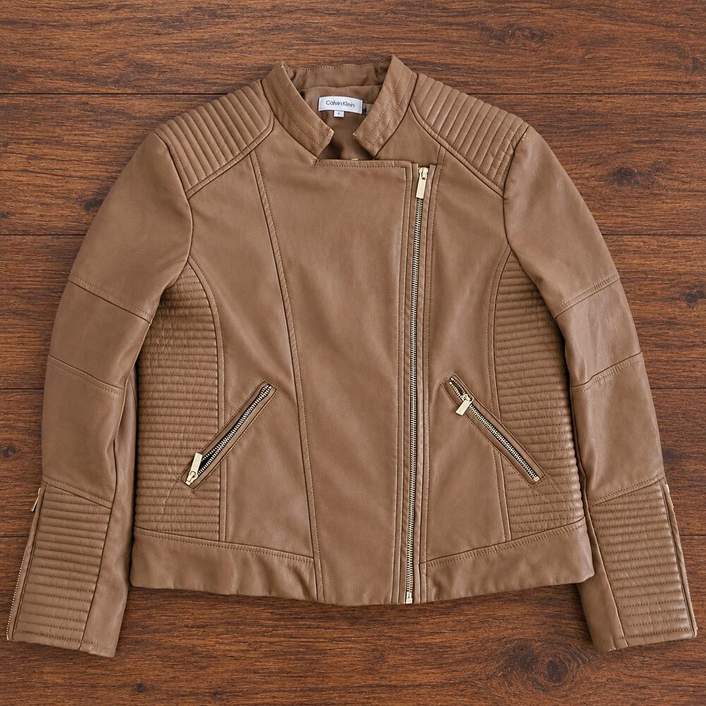 Calvin Klein Women’s Moto Jacket L Tan Faux Leather Quilted Gold Zip